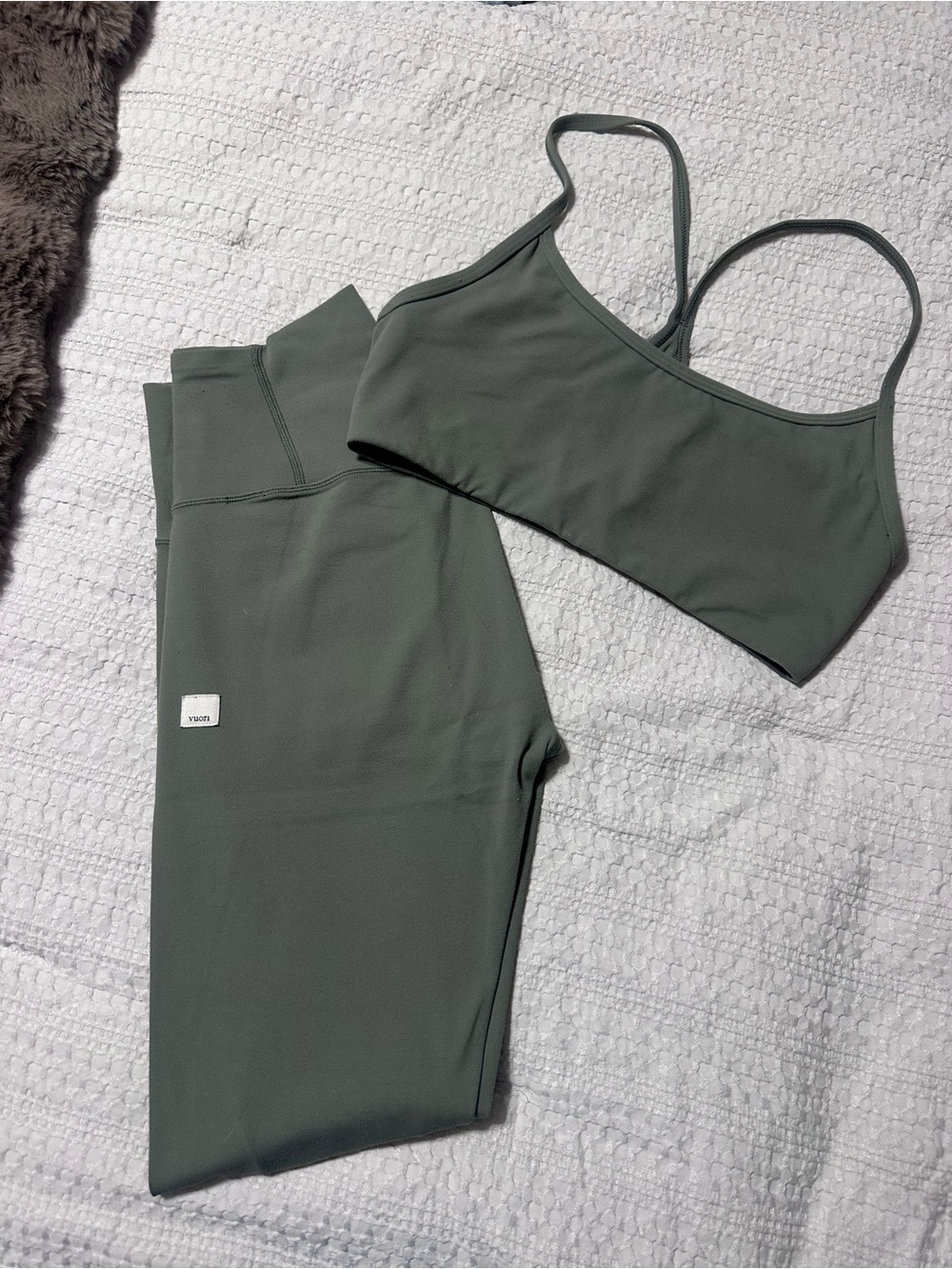 Vuori Olive Green Leggings and Bra Set